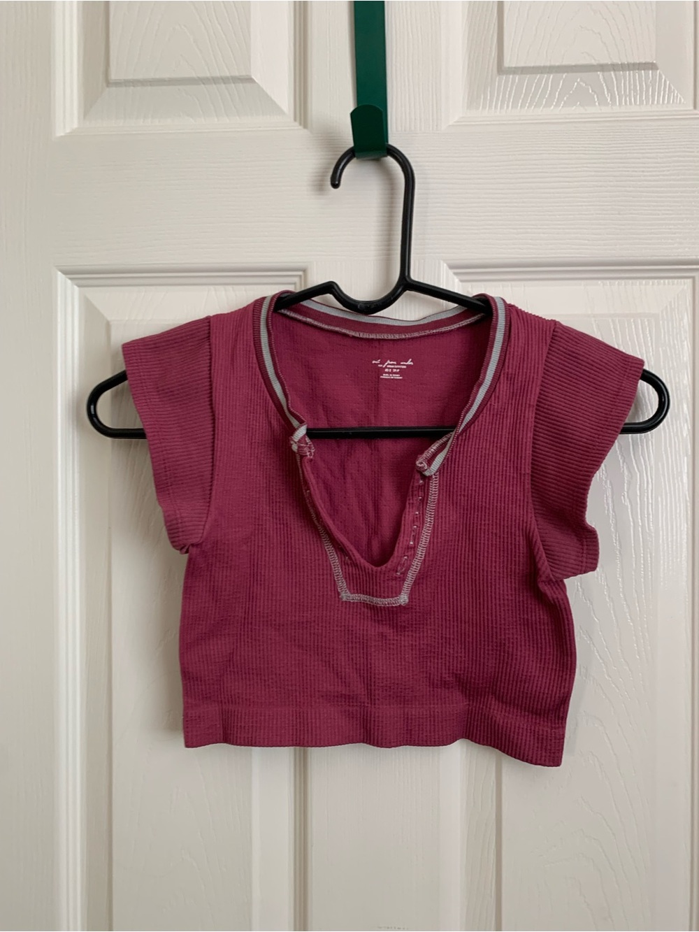 Urban Outfitters Ribbed Cropped Henley Top in Berry Pink with Contrast Trim